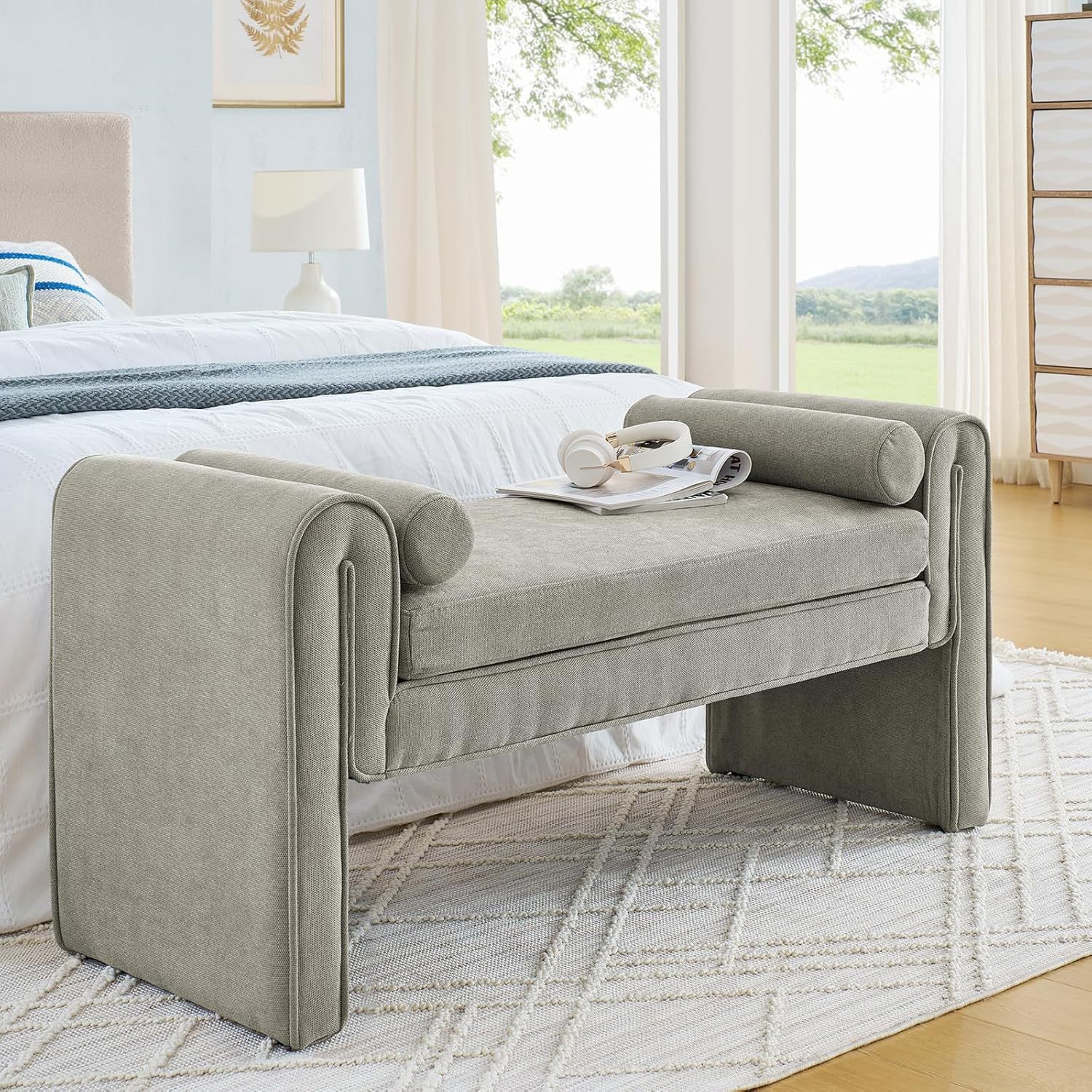 50" W Ottoman Bench for Small Space, Linen Upholstered Ottoman Bench with Thick Cushion