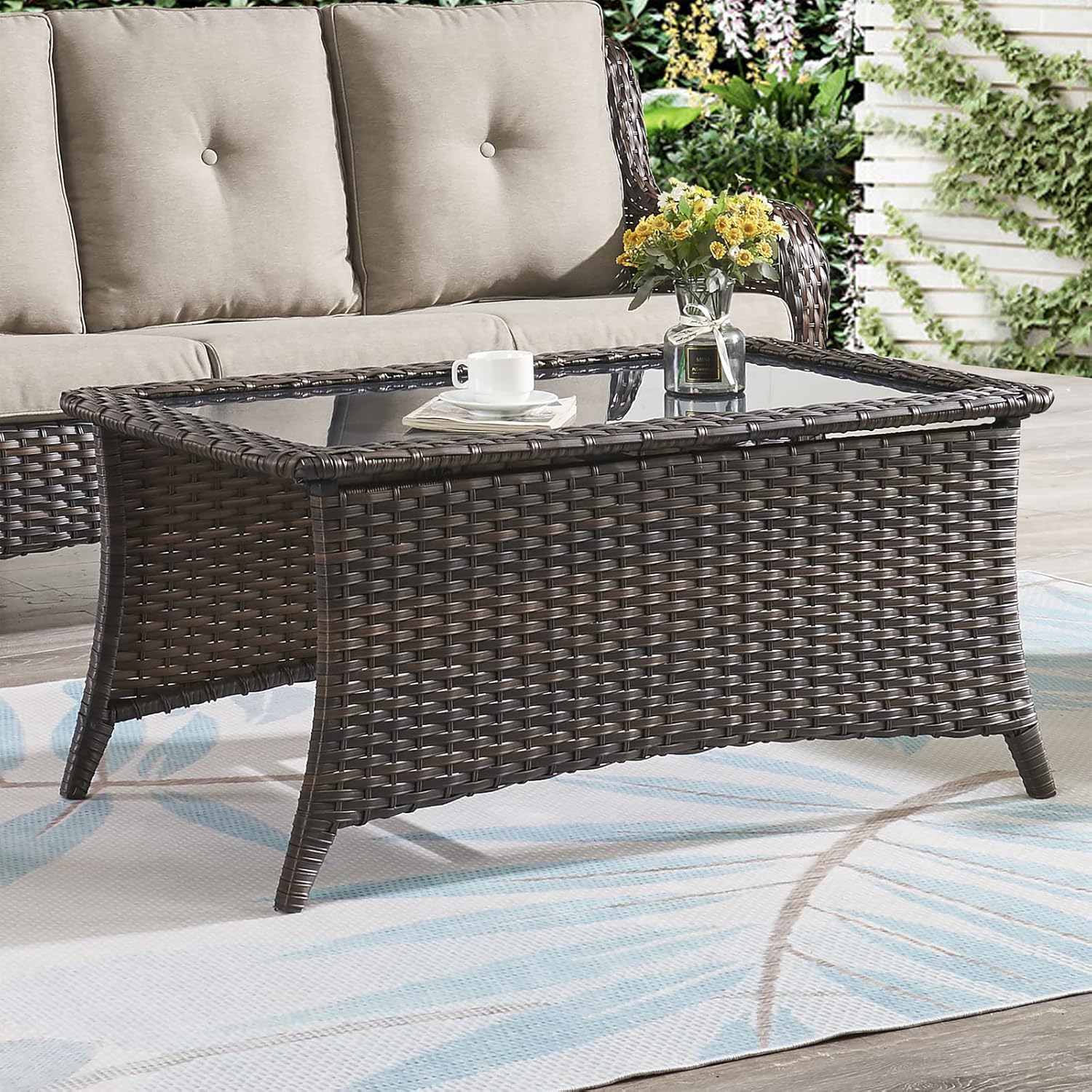 Outdoor Coffee Table Patio Rattan Patio Side Table Built-in Black Glass Top PE Wicker Rectangle Sofa Table Dark Brown