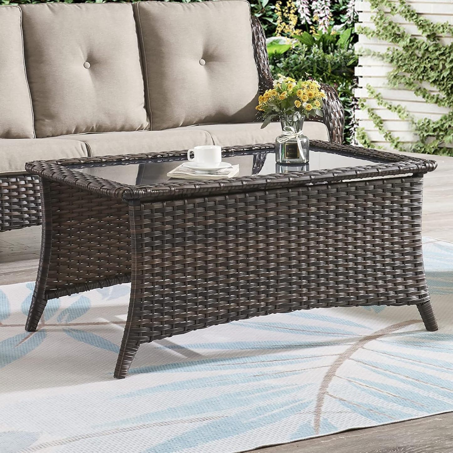 Outdoor Coffee Table Patio Rattan Patio Side Table Built-in Black Glas