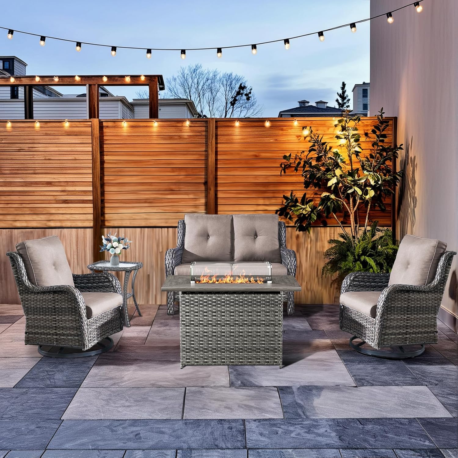 Patio Furniture Set with Fire Pit Table 5-Piece Wicker Outdoor Swivel 