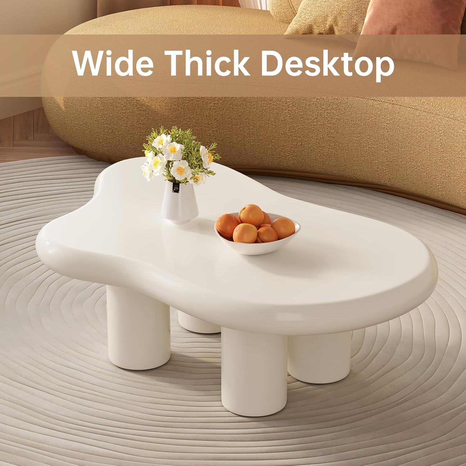 41.02" White Cloud Coffee Table, Modern Round Edge Coffee Table with 4 Sturdy Support Legs and 2.67" Thick Tabletop,Easy Match for Living Room