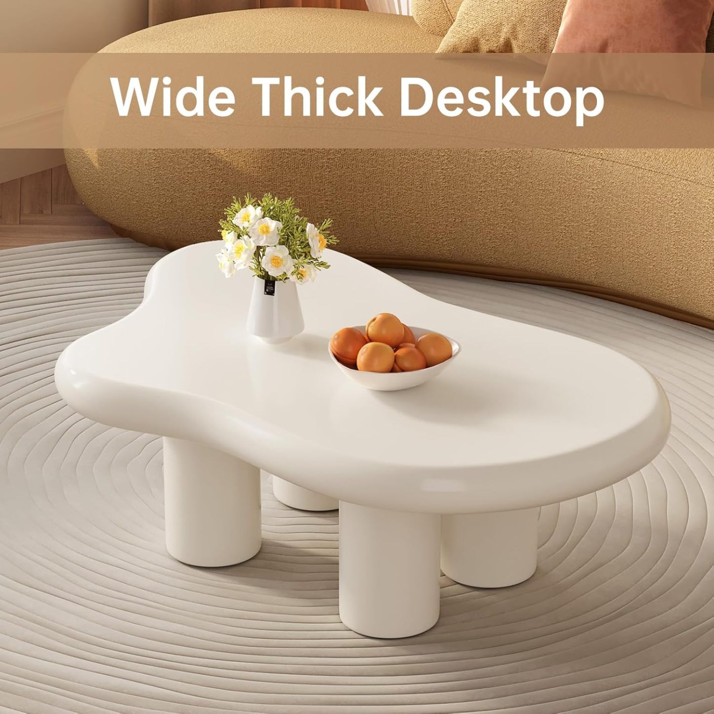 41.02" White Cloud Coffee Table, Modern Round Edge Coffee Table with 4 Sturdy Support Legs and 2.67" Thick Tabletop,Easy Match for Living Room