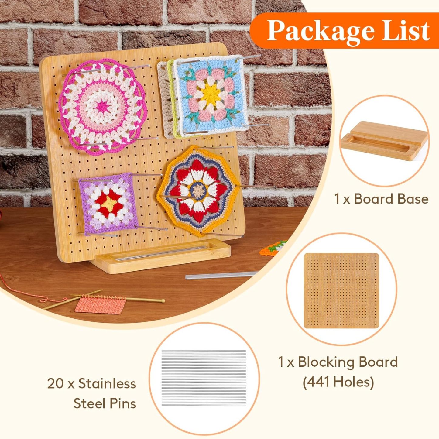 11.8" Crochet Blocking Board with 20 Pegs, Bamboo Granny Square Blocking Board for Knitting and Crochet Projects