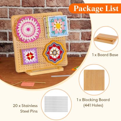 11.8" Crochet Blocking Board with 20 Pegs, Bamboo Granny Square Blocking Board for Knitting and Crochet Projects