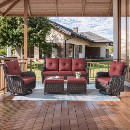 5 Pieces Patio Furniture Set Wicker Outdoor Sectional Sofa with Swivel Rocking Chairs