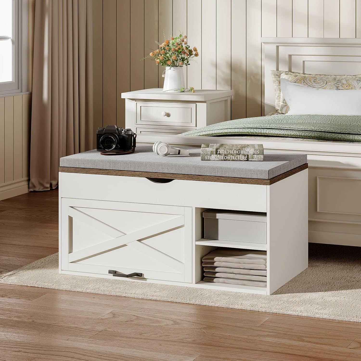 Storage Bench with Cushion, Shoe Bench with Lift Top Storage, Adjustable Shelf, Shoe Cabinet