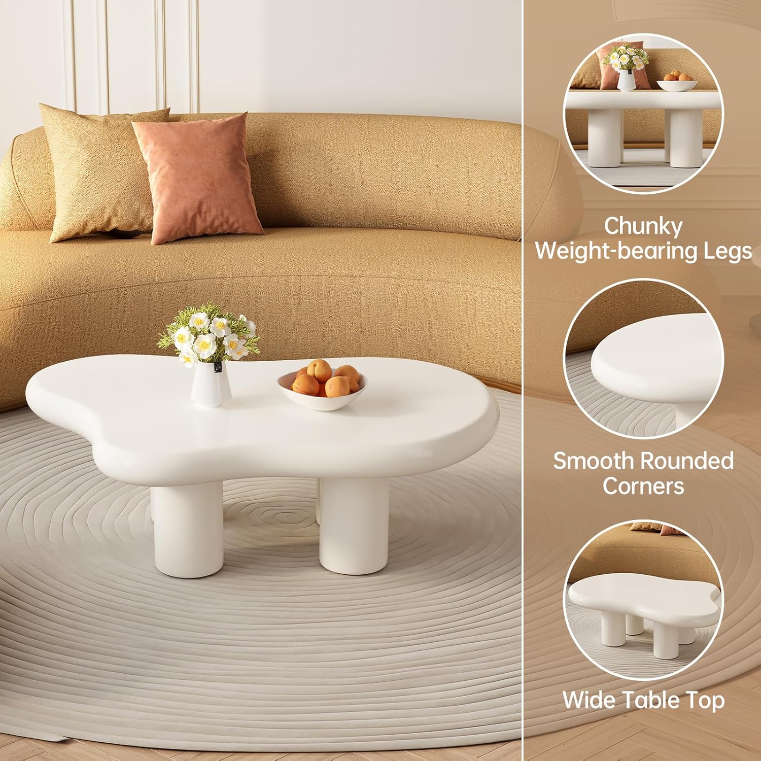 41.02" White Cloud Coffee Table, Modern Round Edge Coffee Table with 4 Sturdy Support Legs and 2.67" Thick Tabletop,Easy Match for Living Room