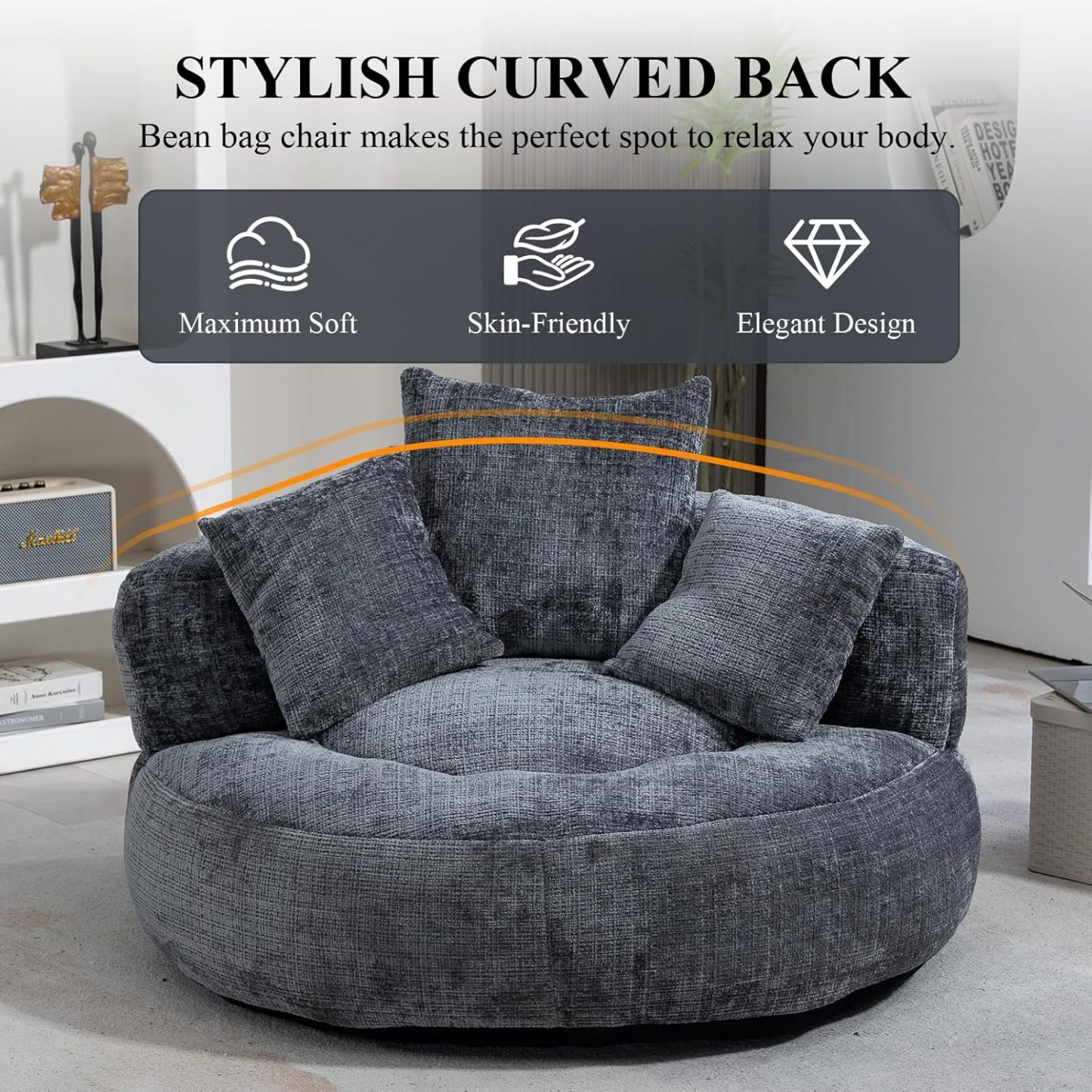 Round Bean Bag Chair for Adult, Chenille Upholstered Bean Bag Sofa with Pillows, Giant Bean Bag Couch