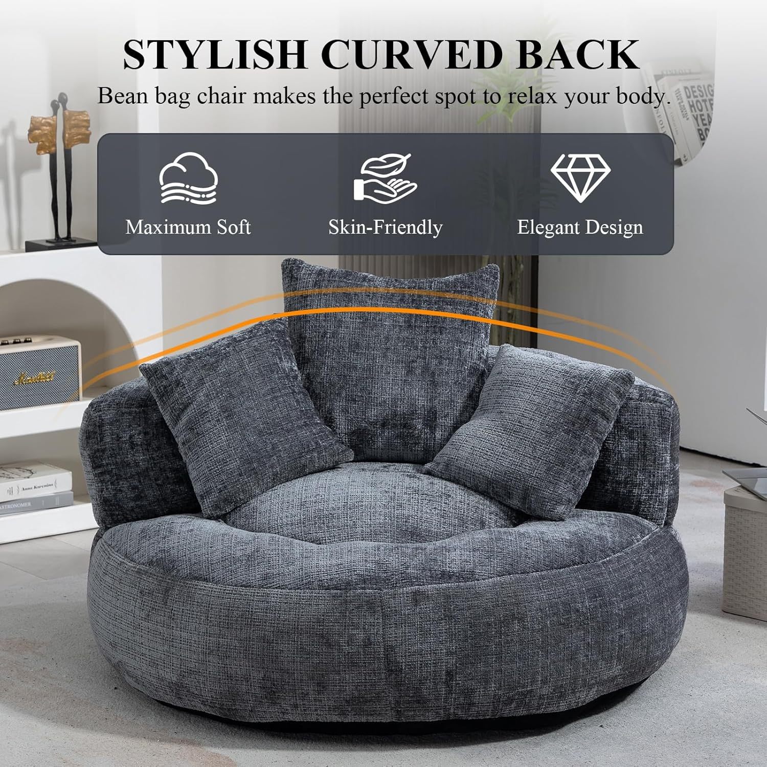 Round Bean Bag Chair for Adult, Chenille Upholstered Bean Bag Sofa with Pillows, Giant Bean Bag Couch