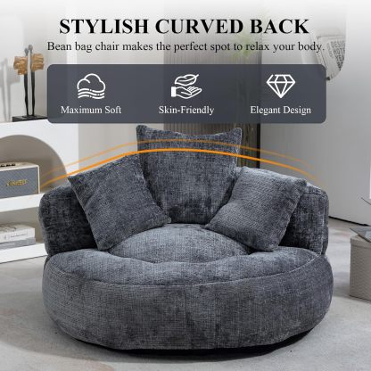 Round Bean Bag Chair for Adult, Chenille Upholstered Bean Bag Sofa with Pillows, Giant Bean Bag Couch