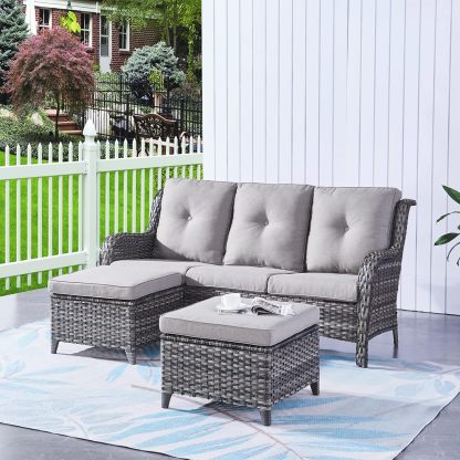 Outdoor Ottomans for Patio Set of 2 PE Wicker Steel Frame Outdoor Footstool for Patio, Backyard, Additional Seating, Side Tables with Removable Weather-Resistant Cushions