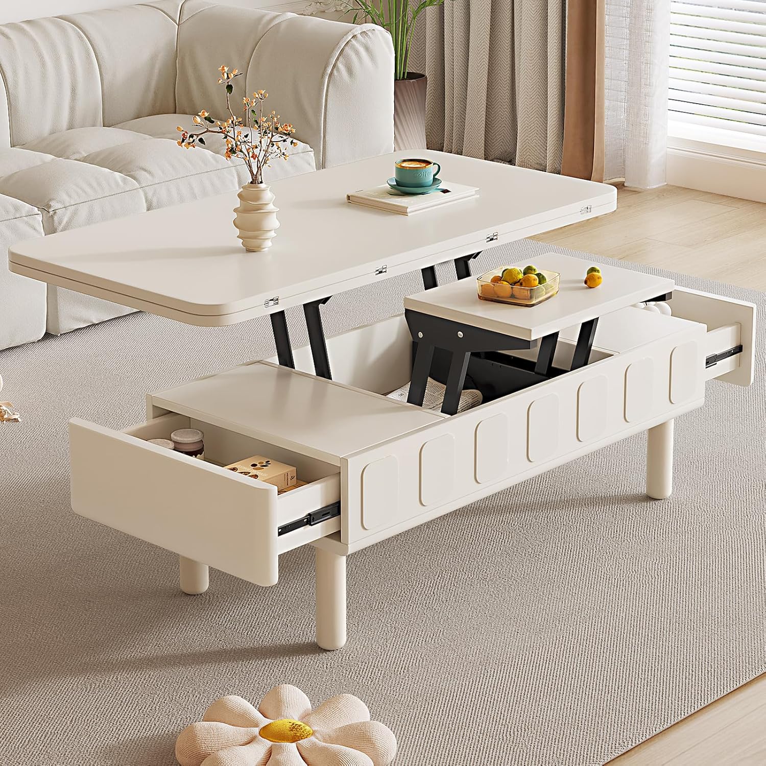 43.3" Modern Coffee Table, White Lift Top Coffee Table for Living Room, Boho Lift Table with Hidden Compartment and Adjustable Storage Shelf