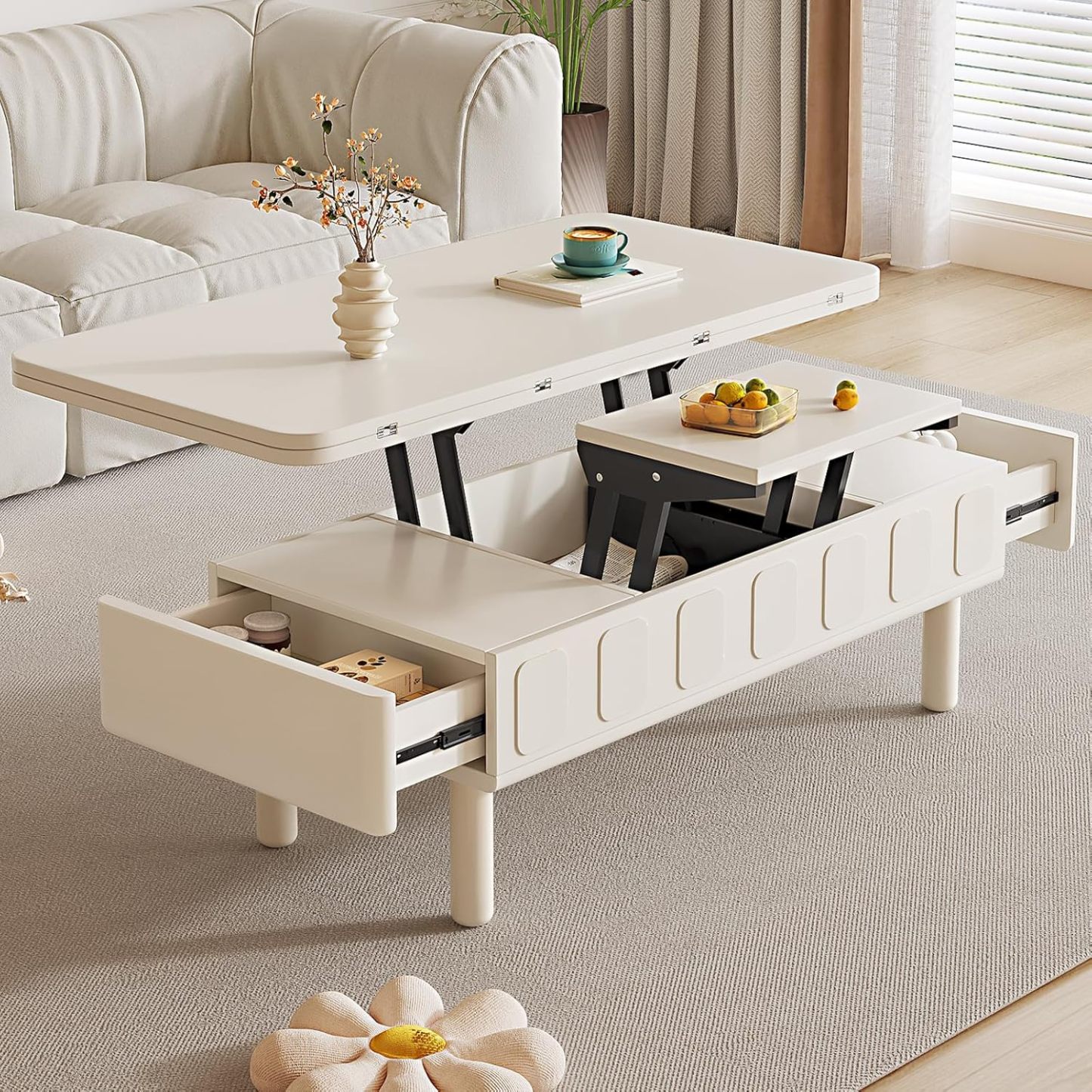 43.3" Modern Coffee Table, White Lift Top Coffee Table for Living Room, Boho Lift Table with Hidden Compartment and Adjustable Storage Shelf