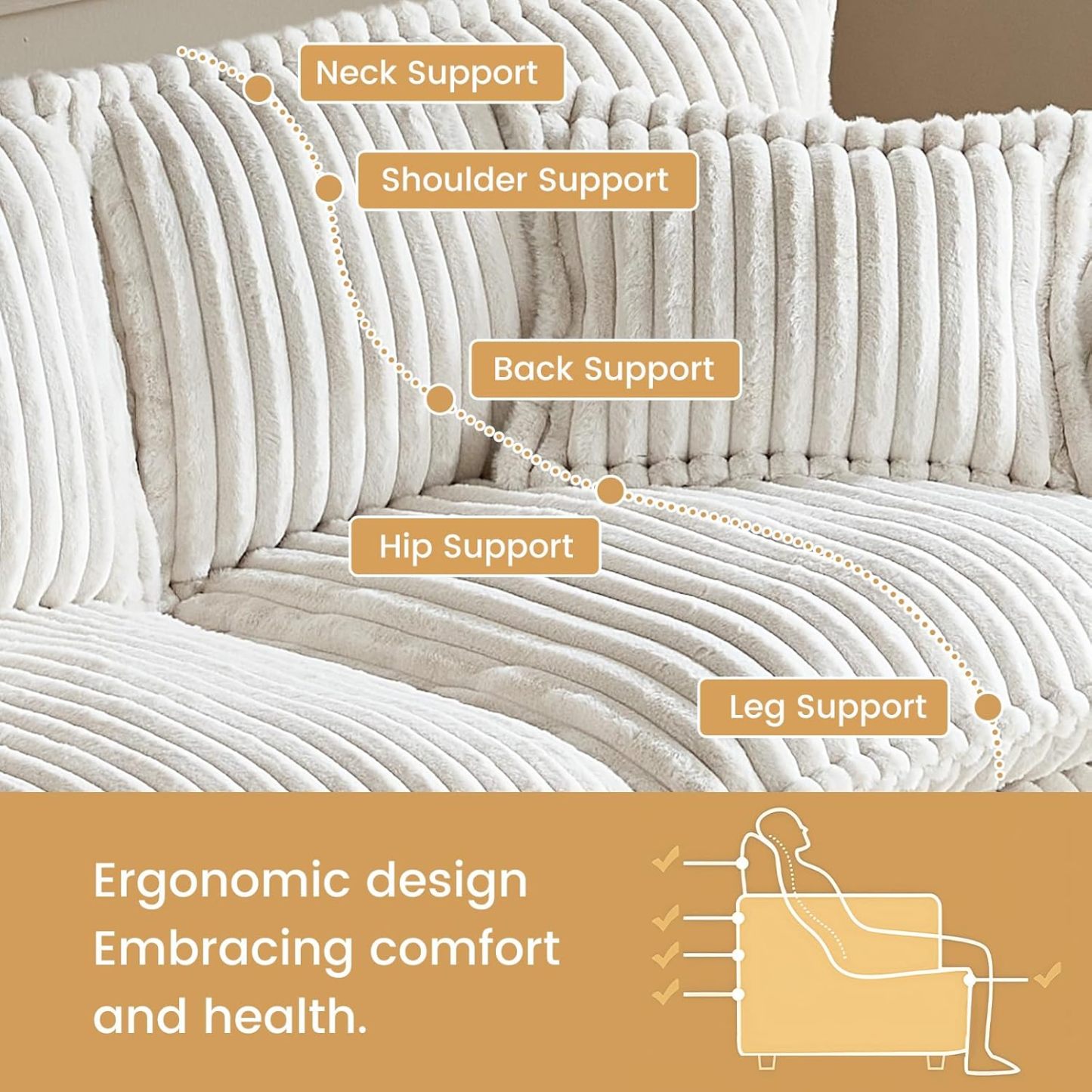 130.7" Corduroy Futon Couch, 4 Seater White Cloud Couch with Ottoman, Comfy Soft Sofa, Modern Corduroy Couch for Bedroom, Living Room