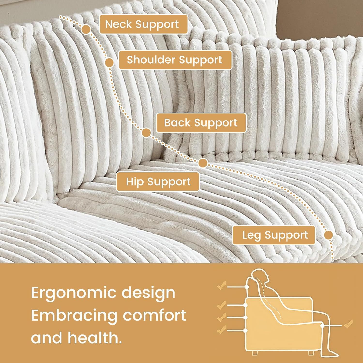 130.7" Corduroy Futon Couch, 4 Seater White Cloud Couch with Ottoman, Comfy Soft Sofa, Modern Corduroy Couch for Bedroom, Living Room