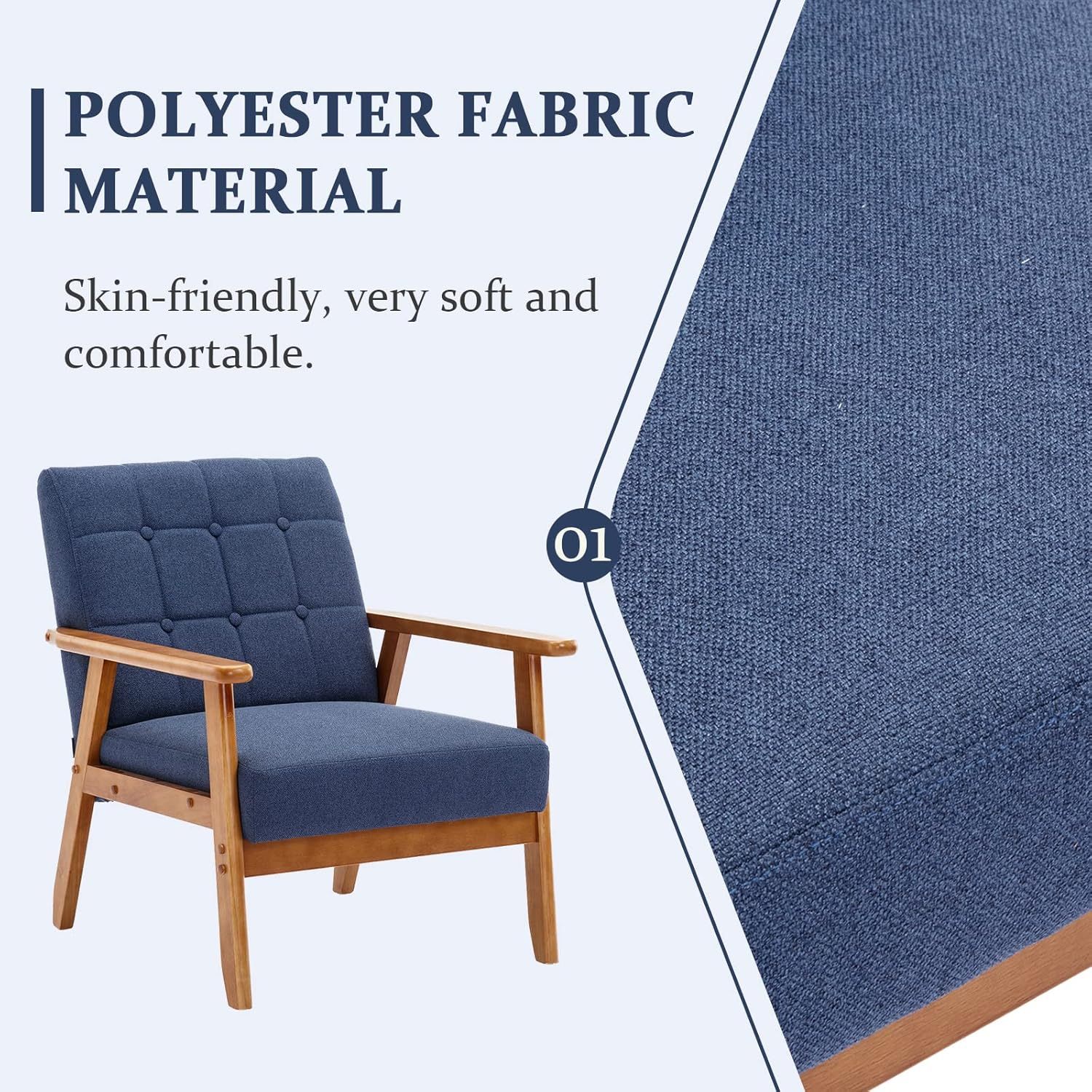 Mid-Century Modern Chair with Wood Frame, Upholstered Armchair, Lounge Accent Chair, Comfy Reading Chair