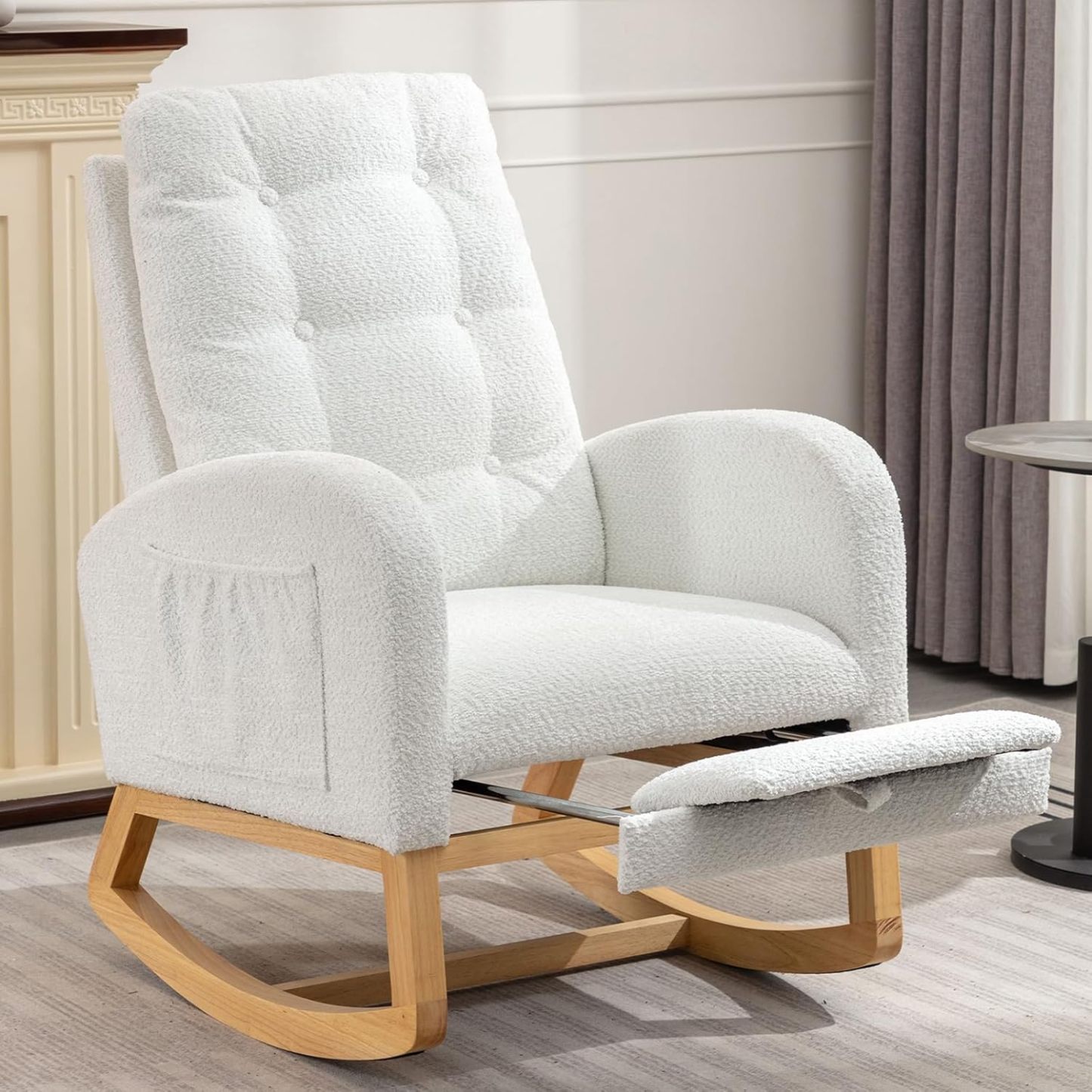 Nursery Rocking Chair, Polar Fleece Upholstered Glider Chair with Adjustable Footrest, Recliner Chair with Side Pocket