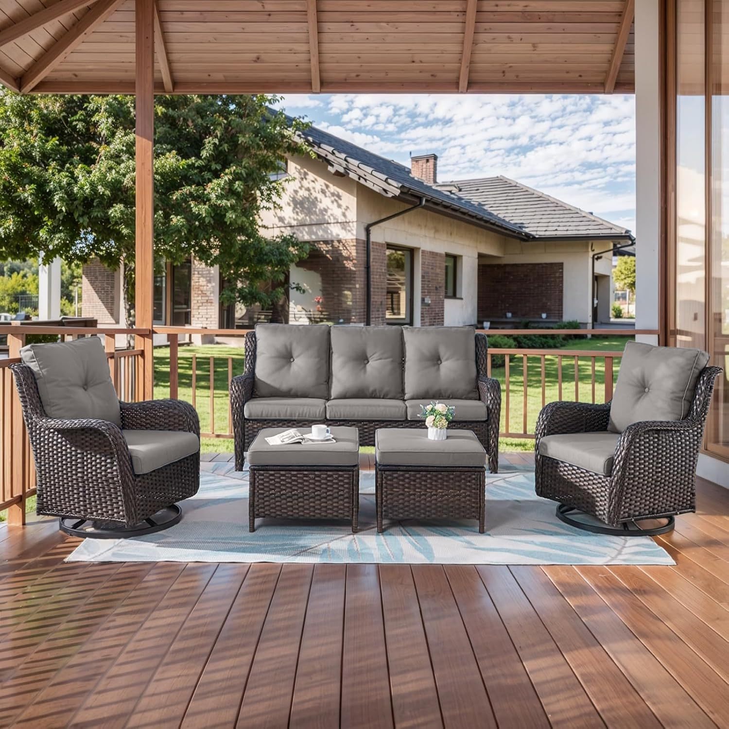 5 Pieces Patio Furniture Set Wicker Outdoor Sectional Sofa with Swivel Rocking Chairs