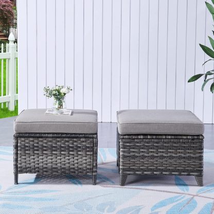 Outdoor Ottomans for Patio Set of 2 PE Wicker Steel Frame Outdoor Footstool for Patio, Backyard, Additional Seating, Side Tables with Removable Weather-Resistant Cushions