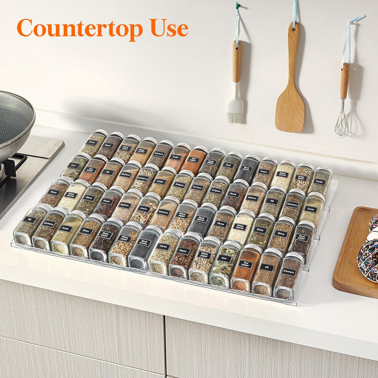Plastic Adjustable Spice Drawer Organizer, Expandable Spice Rack for Countertop, Jar Storage Tray