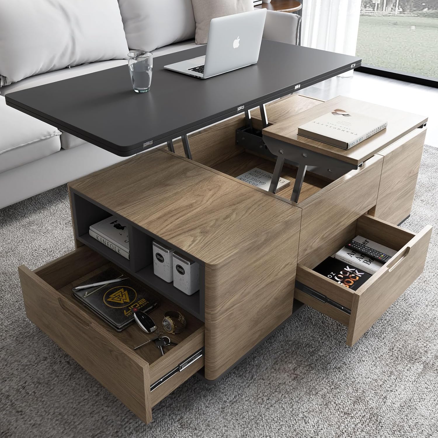 3 in 1 Functional Coffee Table, 47" Brown Lift Top Coffee Table with 4 Stools Underneath, Movable Wheel