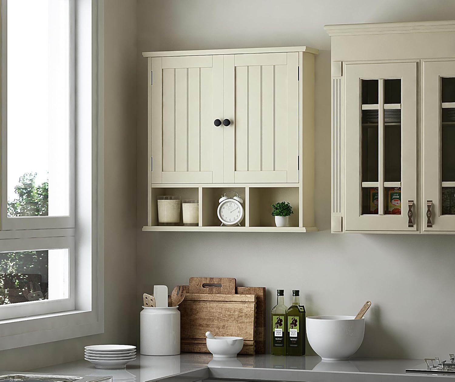 Bathroom Cabinet Wall Mounted 2-Door with 3 Open Shelves, Wooden Medicine Cabinets with Adjustable Shelf