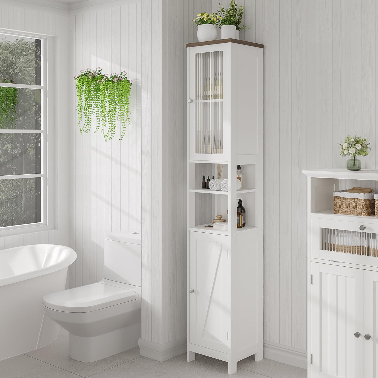 Tall Bathroom Storage Cabinet with Light，5-Tier Narrow Bathroom Cabinet with 2 Doors