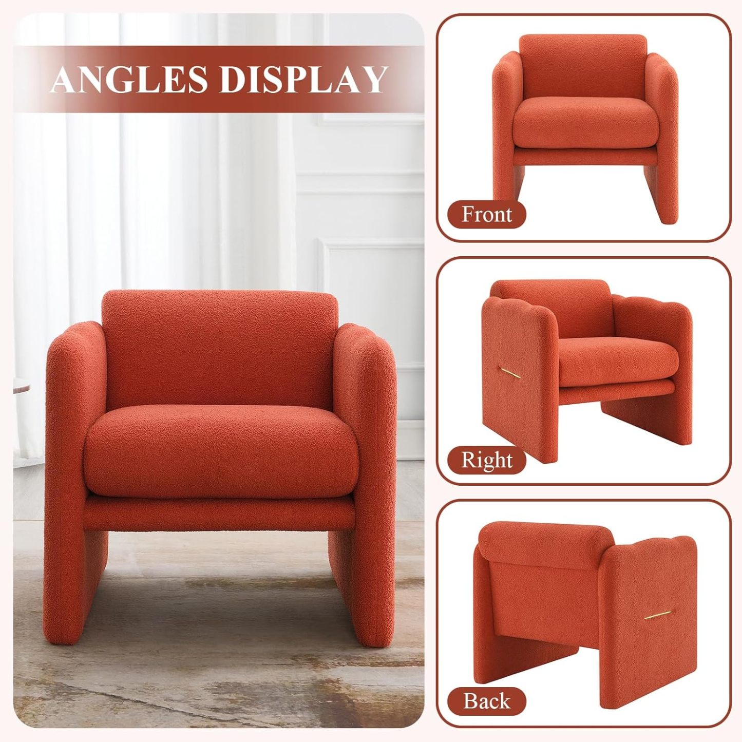 Wide Accent Chair, Teddy Upholstered Single Sofa Chair with Straight Armrest, Padded Armchair with Metal Decor, Soft Accent Arm Chair