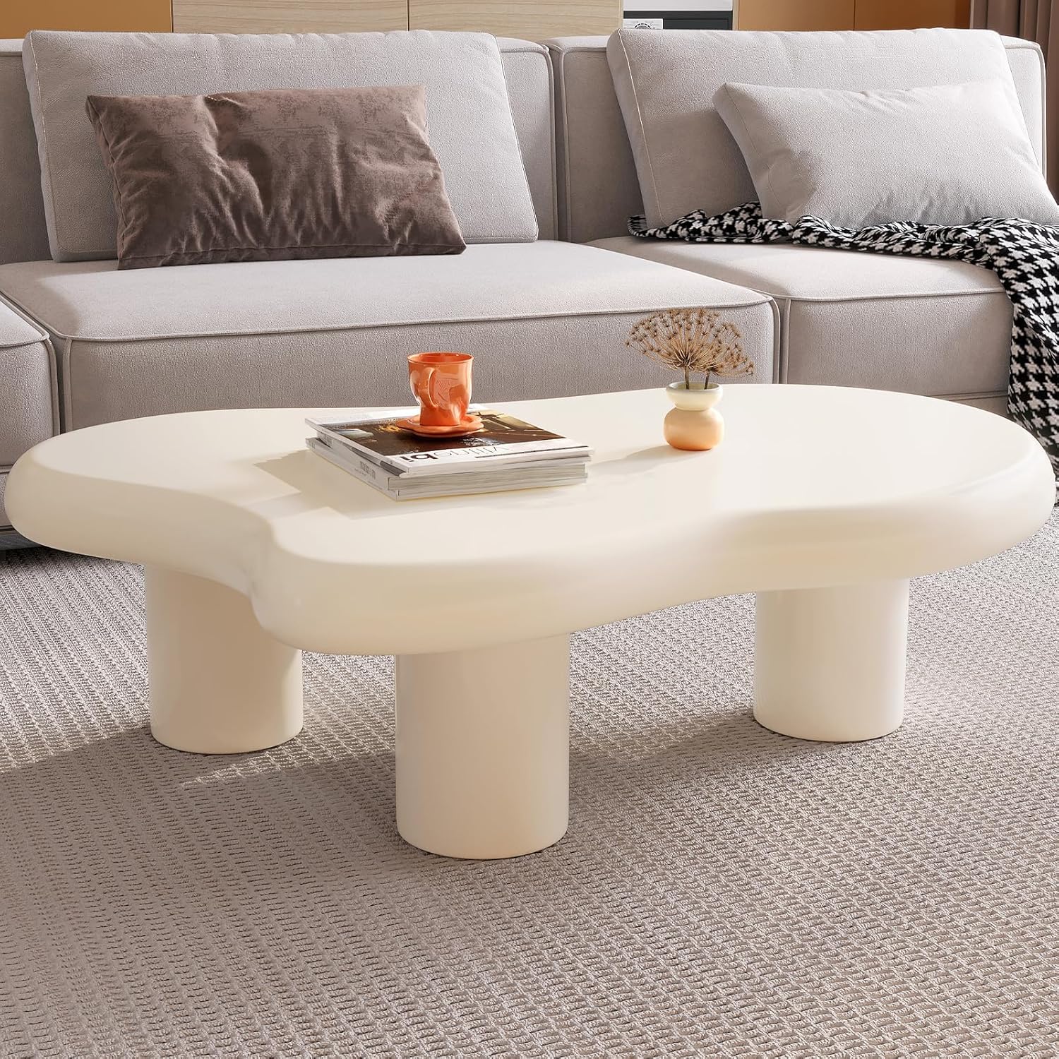 46.06" Cloud Shape Coffee Table, Modern Round Edge White Coffee Table with 3 Sturdy Support Legs and 3.14" Thick Tabletop for Living Room