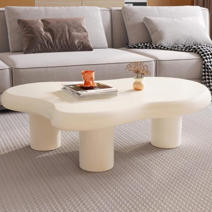 46.06" Cloud Shape Coffee Table, Modern Round Edge White Coffee Table with 3 Sturdy Support Legs and 3.14" Thick Tabletop for Living Room