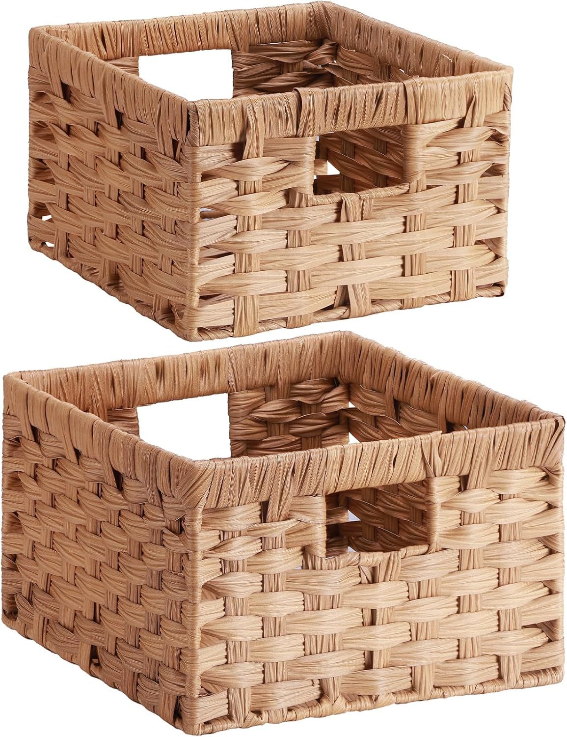Handwoven PP Wicker Storage Basket, Waterproof Imitation Rattan Basket with Built-in Handles