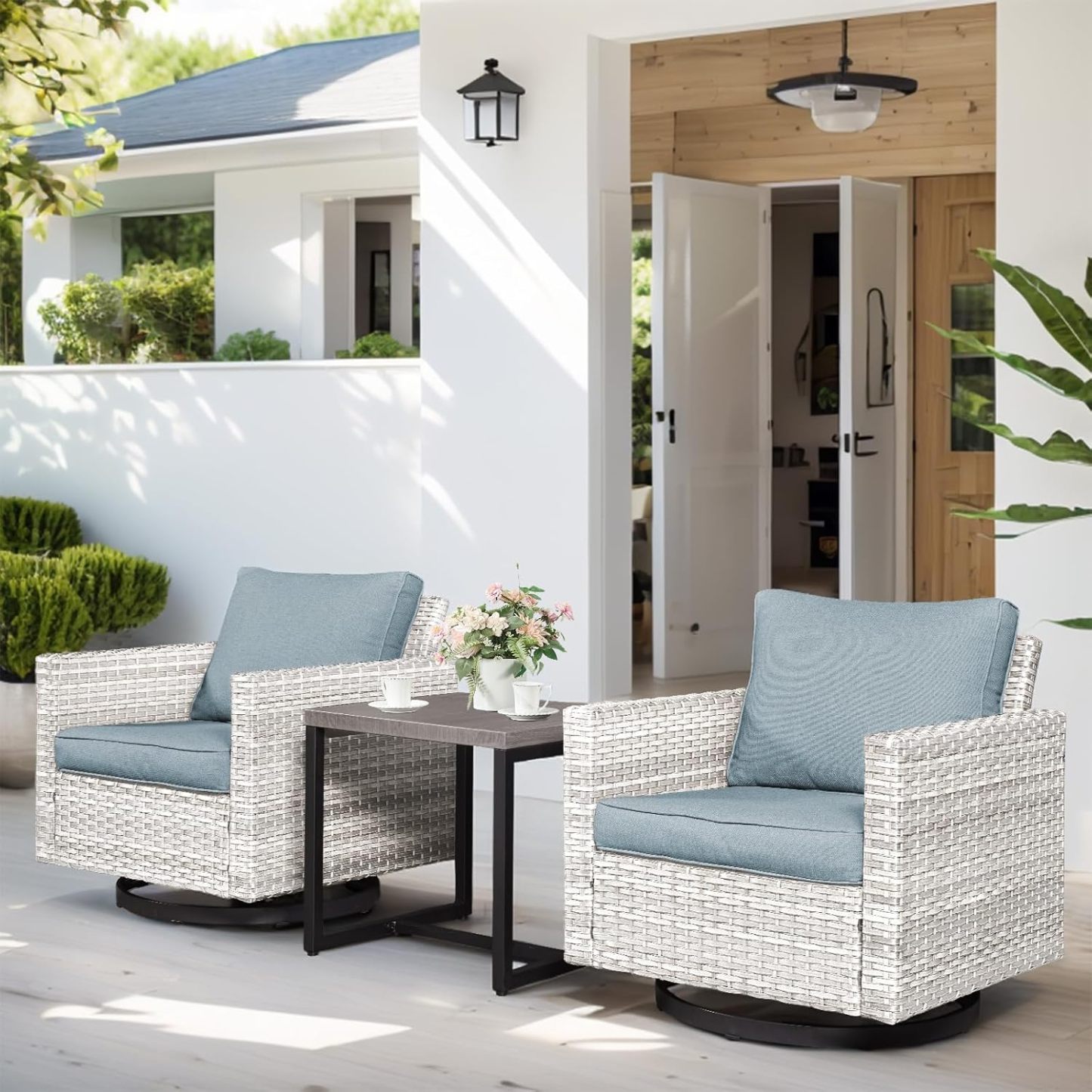 3-Piece Patio Swivel Chairs,PE Wicker Outdoor Rocking Chairs Bistro Set with Side Table Porch Balcony Furniture with Cushions
