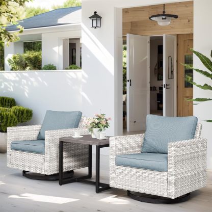 3-Piece Patio Swivel Chairs,PE Wicker Outdoor Rocking Chairs Bistro Set with Side Table Porch Balcony Furniture with Cushions