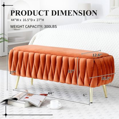 Modern Storage Ottoman Bench, Velvet Upholstered End Bed Bench with Hand Weaving Deign