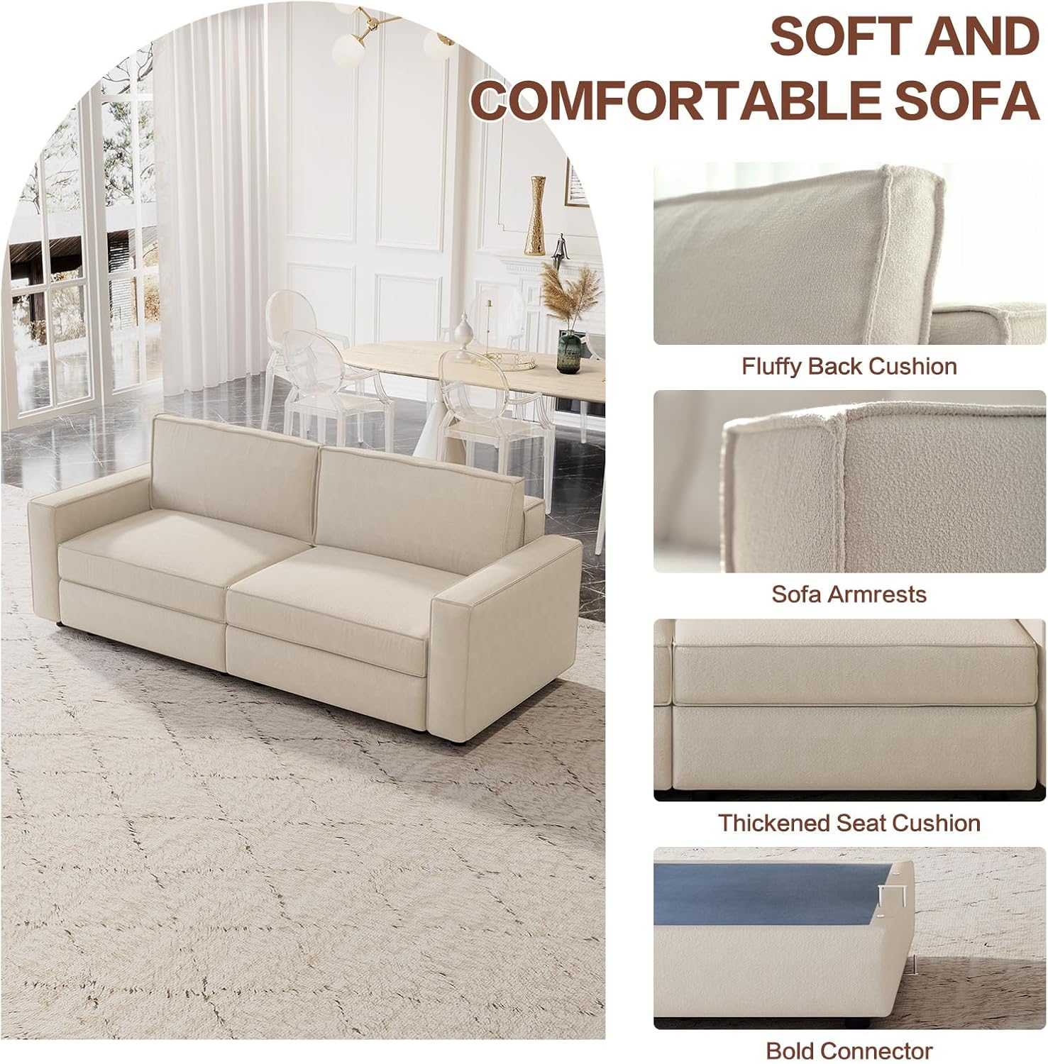 86" Beige Loveseat Sofa, Modern Extra Wide Modular Sectional Couch with Removable Cushions, Sturdy Pine Wood Frame for Long Time