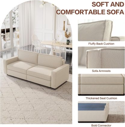 86" Beige Loveseat Sofa, Modern Extra Wide Modular Sectional Couch with Removable Cushions, Sturdy Pine Wood Frame for Long Time