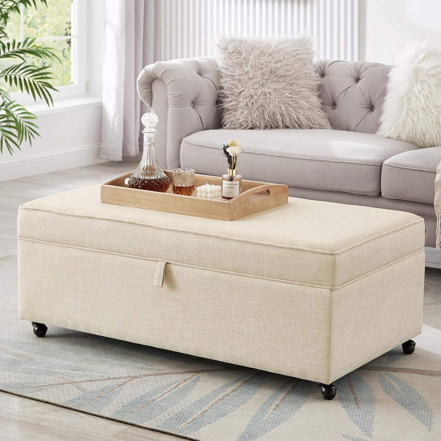 Storage Ottoman Bench, Linen Upholstered Ottoman Bench with Wheels, Multi-Function Bed Bench with Wood Frame