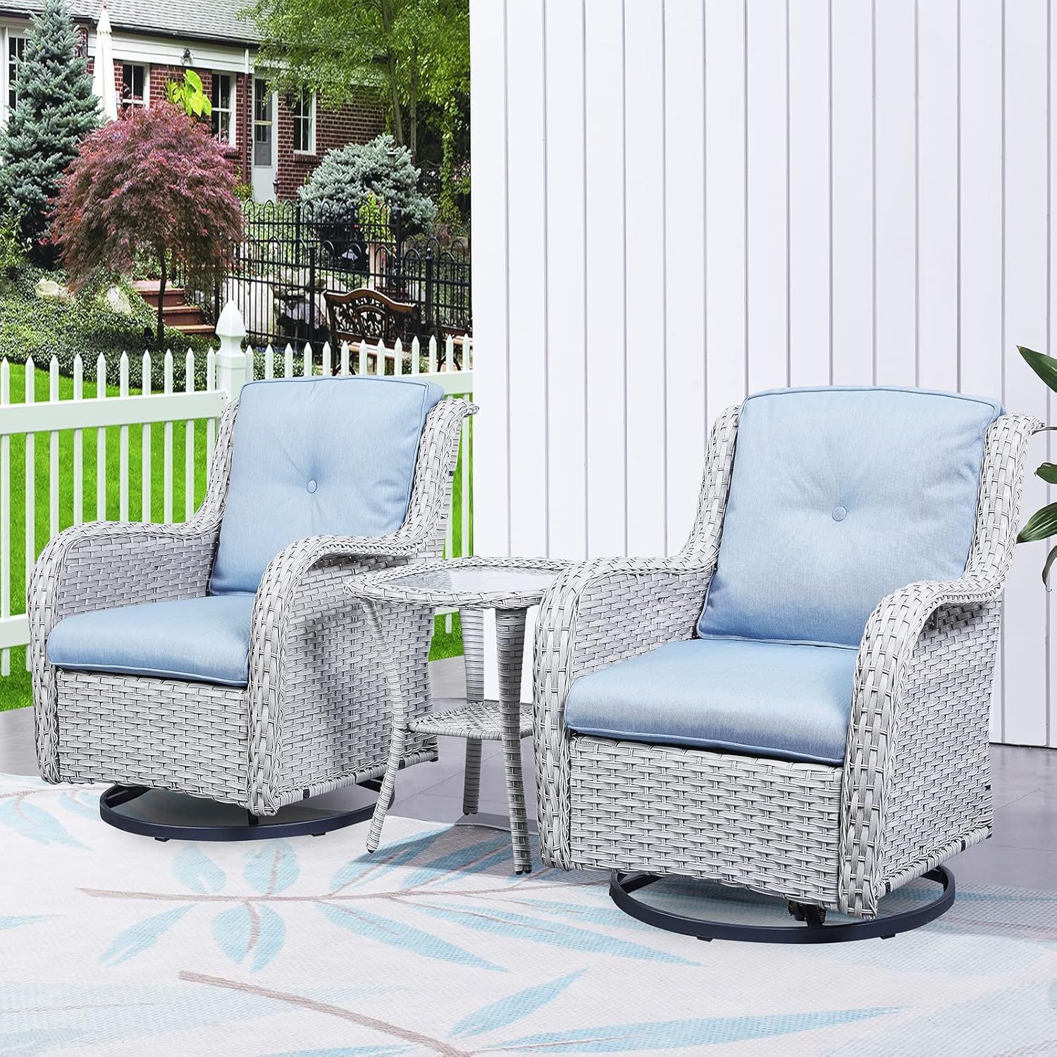 3-Piece Swivel Rocking Rattan Chair Outdoor,Patio Bistro Furniture Conversation Set,Wicker Chair with Glass Side Table