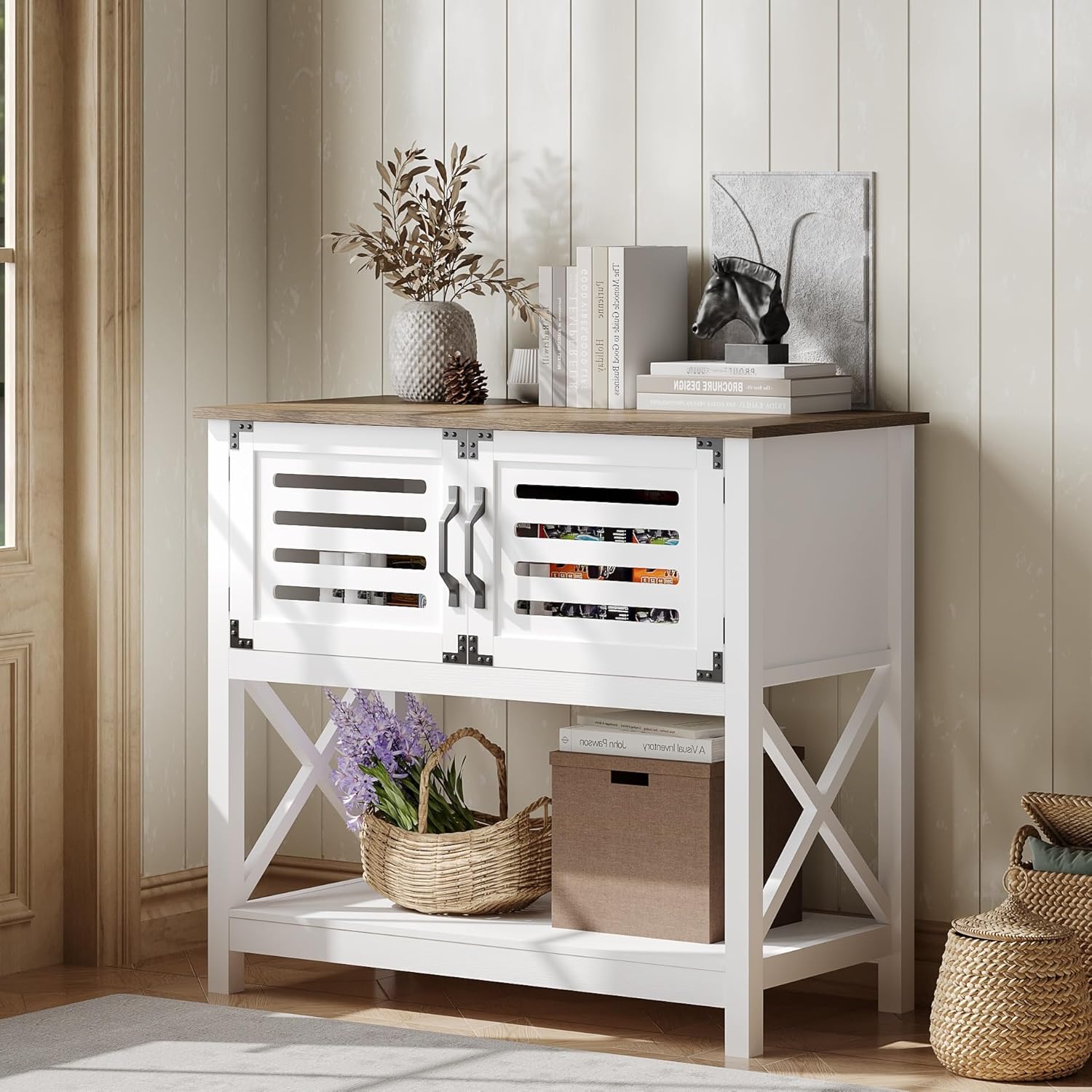 Farmhouse Console Table with Charging Station, 35.4 L x 17.7 D x 31.49 H Coffee Bar Cabinet with Storage