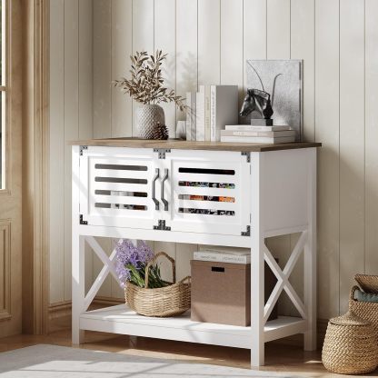 Farmhouse Console Table with Charging Station, 35.4 L x 17.7 D x 31.49 H Coffee Bar Cabinet with Storage