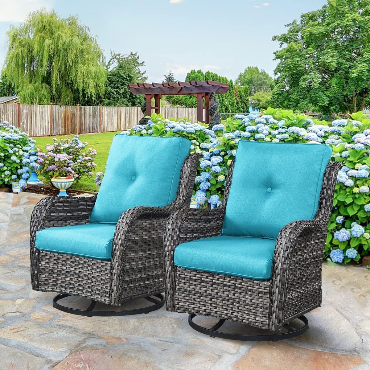 3-Piece Swivel Rocking Rattan Chair Outdoor,Patio Bistro Furniture Con