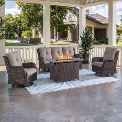 Outdoor Patio Furniture with Fire Pit Table Outdoor Conversation Set PE Wicker Patio Couch Swivel Glider Chairs