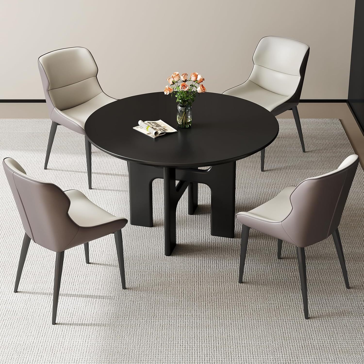 Round Dining Table Set for 4, Black Dining Room Table with 4 Chairs, Comfy Ergonomic Dining Chairs