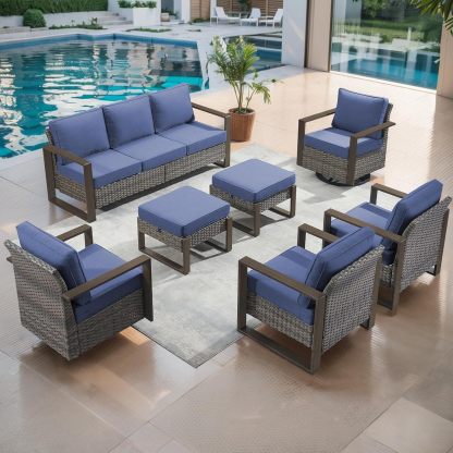 Outdoor Patio Furniture-7 Piece All-Weather Outdoor Furniture Set Wood Grain Wide Armrest Outdoor Chairs with Rattan Wicker Sofa