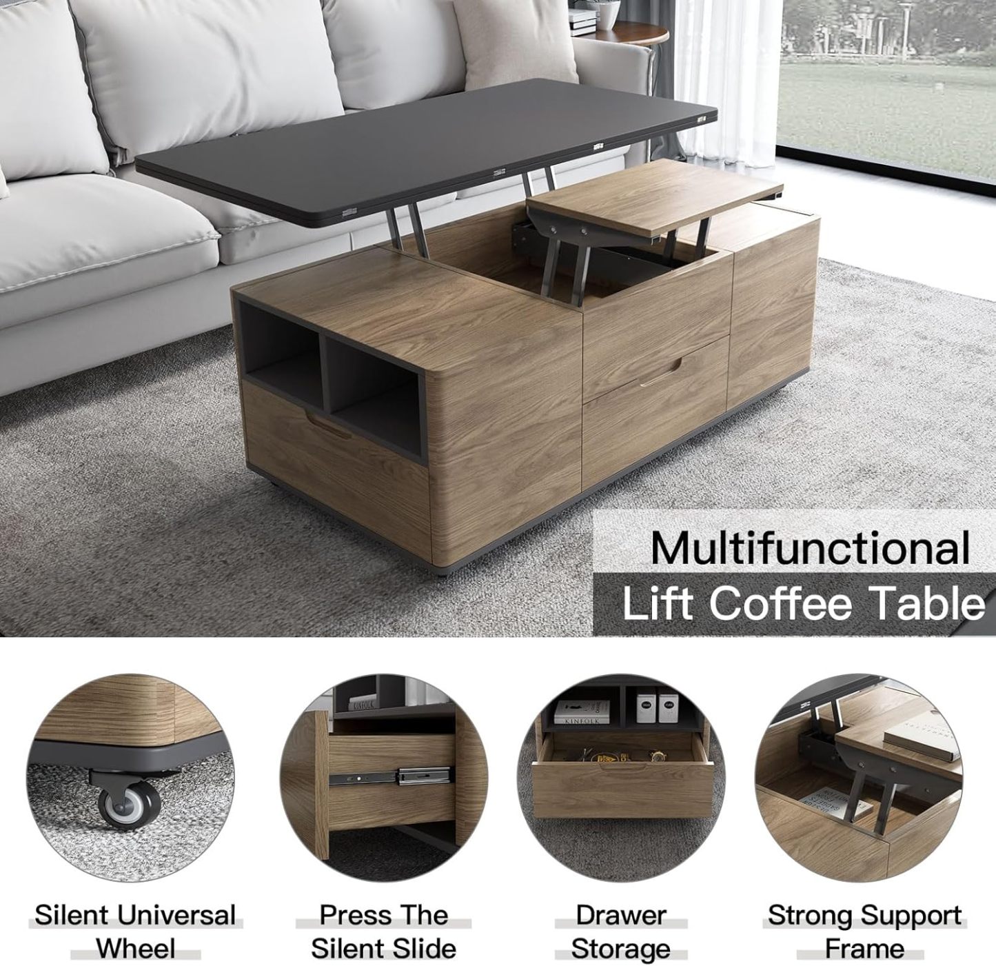 3 in 1 Functional Coffee Table, 47" Brown Lift Top Coffee Table with 4 Stools Underneath, Movable Wheel