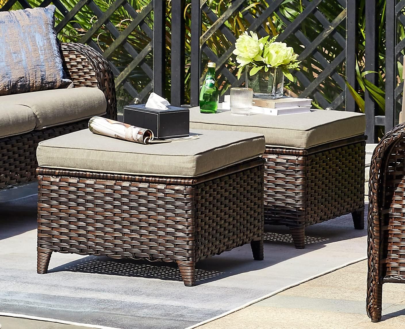 Outdoor Ottomans for Patio Set of 2 PE Wicker Steel Frame Outdoor Footstool for Patio, Backyard, Additional Seating, Side Tables with Removable Weather-Resistant Cushions
