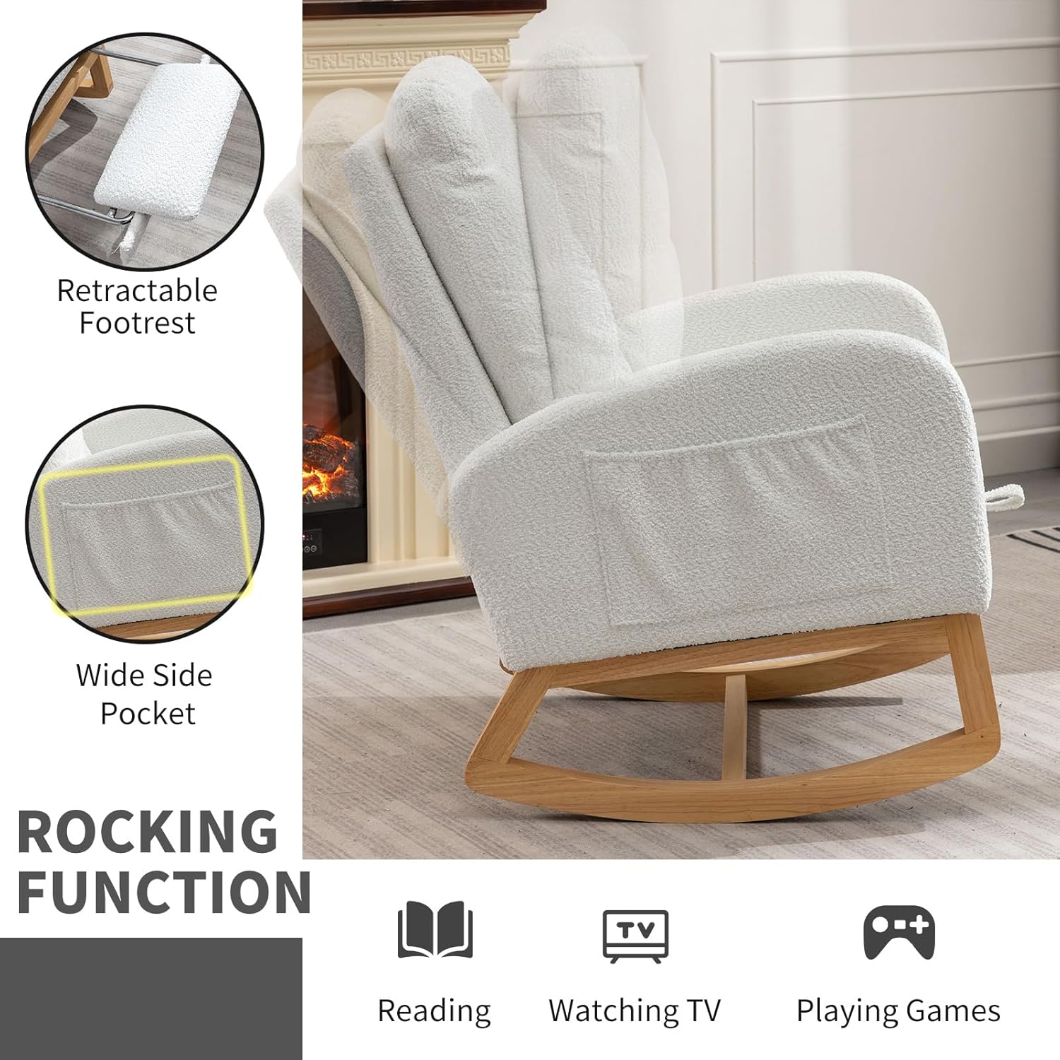 Nursery Rocking Chair, Polar Fleece Upholstered Glider Chair with Adjustable Footrest, Recliner Chair with Side Pocket