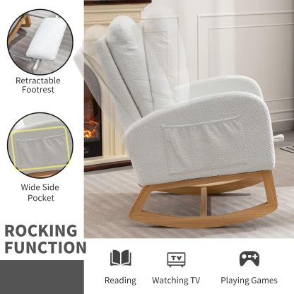 Nursery Rocking Chair, Polar Fleece Upholstered Glider Chair with Adjustable Footrest, Recliner Chair with Side Pocket