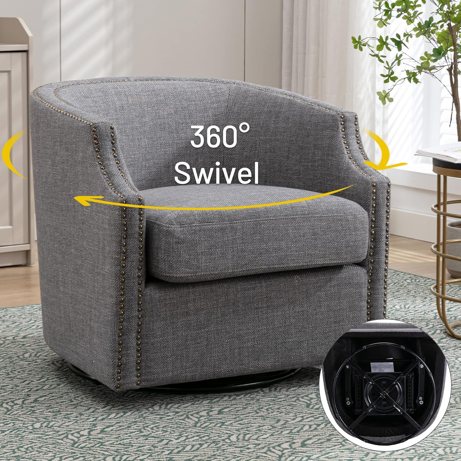 Modern Swivel Accent Chair, Upholstered Barrel Armchair with Swivel Base, Club Round Chair