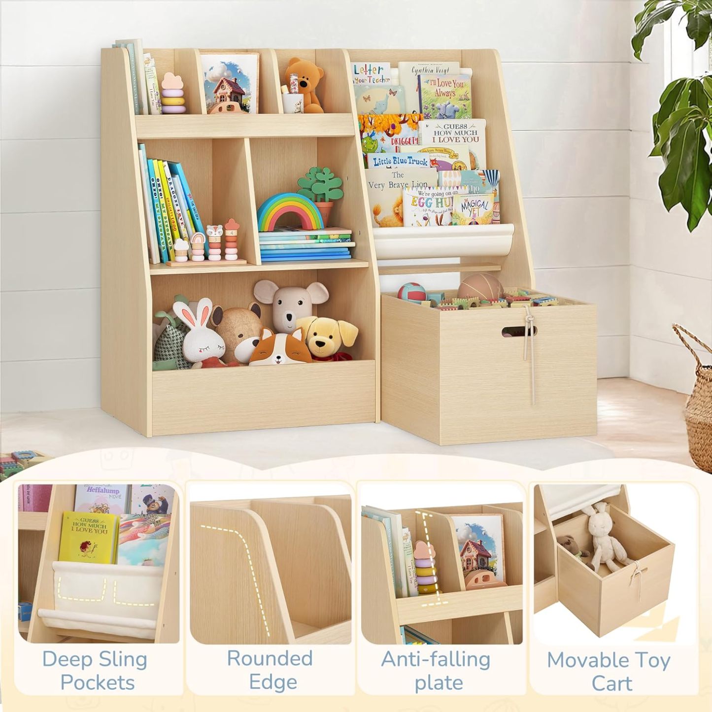 4 in 1 Kids Bookshelf and Toy Storage Organizer, 3-Tier Toy Organizers with Removable Toy Bins, Book Shelf for Kids Room